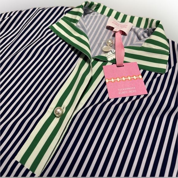 Ladies Tuckernuck Atlantic Pacific Green and Blue Striped Button Down Shirt - Picture 3 of 6